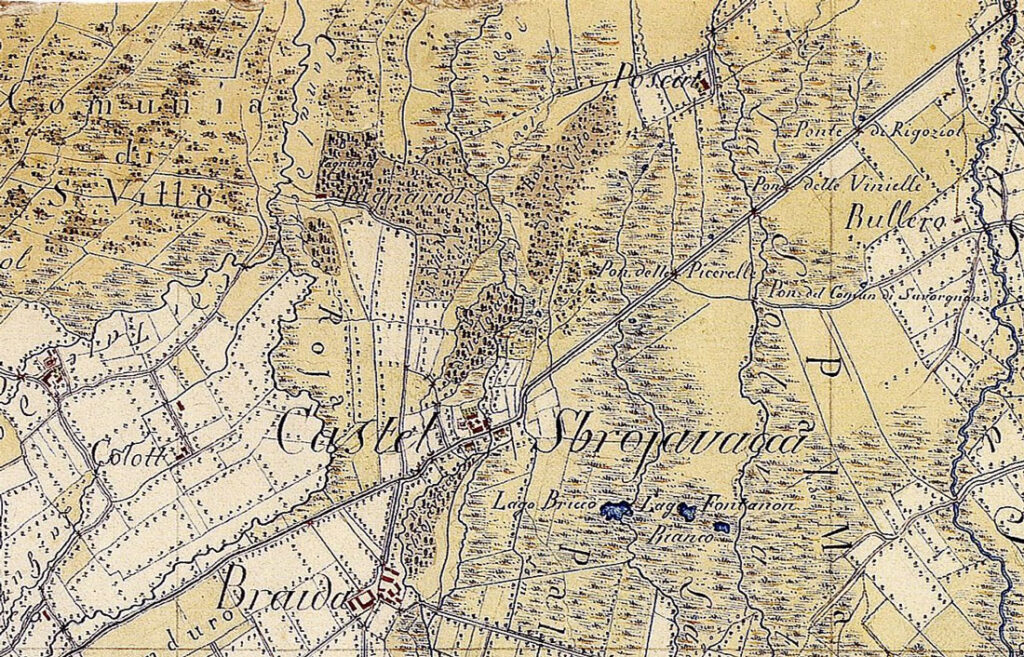 Swamped areas due to the permeation of the soil by spring waters, wooded areas, meadow extensions, permanent and cultivated meadows in the western sector of the municipal area of San Vito. 1798-1805 Table of the Kriegskarte, cartographic work drawn up on the initiative of the Austrian general staff under the command of Anton von Zach